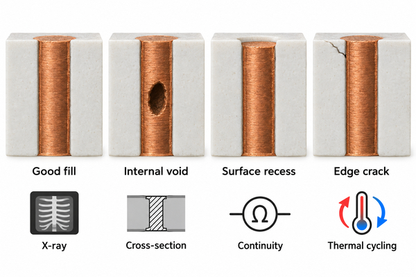 Good filled via and common defects including an internal void, surface recess and ceramic edge crack
