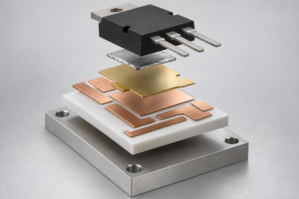 Exploded ceramic PCB assembly showing substrate, copper, finish, joint and component