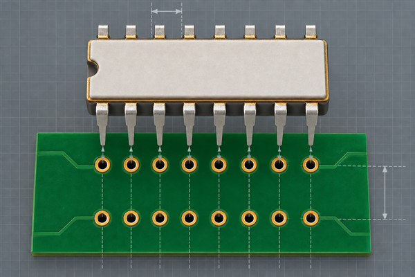 DIP-16 ceramic package aligned with a 16-hole PCB footprint