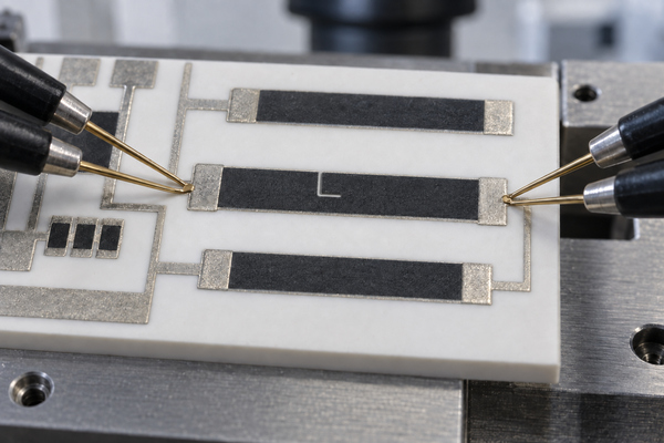 Laser-trimmed thick film resistor under Kelvin measurement