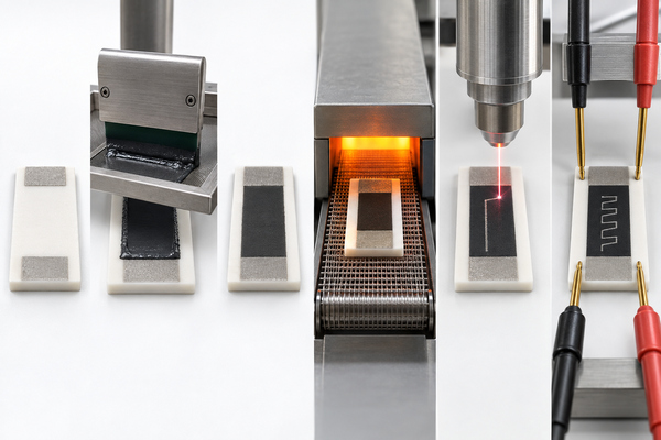 Thick film resistor screen printing, firing and trimming sequence