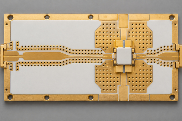 RF signal, ground-via and heat paths on an AlN medical module substrate