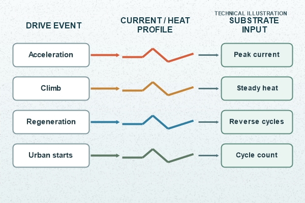 Technical illustration of EV drive events converted into ceramic substrate loads