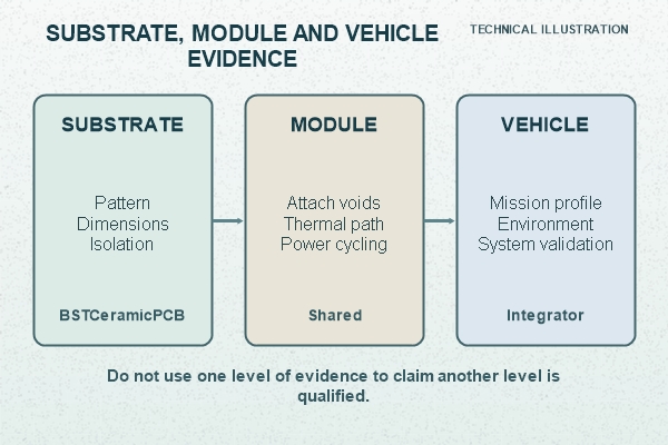Technical illustration of responsibility and evidence across substrate, module and vehicle validation