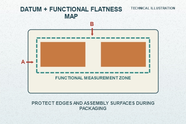 Technical illustration of AMB datum, flatness and protected handling zones