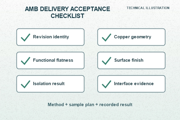 Technical illustration of an AMB incoming-inspection and release checklist