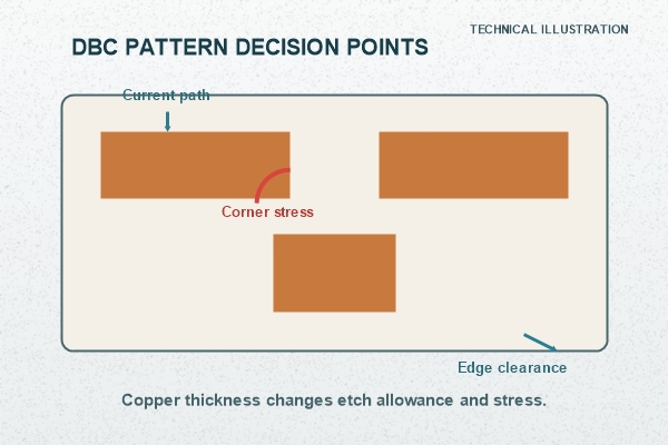 Technical illustration of DBC current paths, edge clearance and stress-sensitive corners