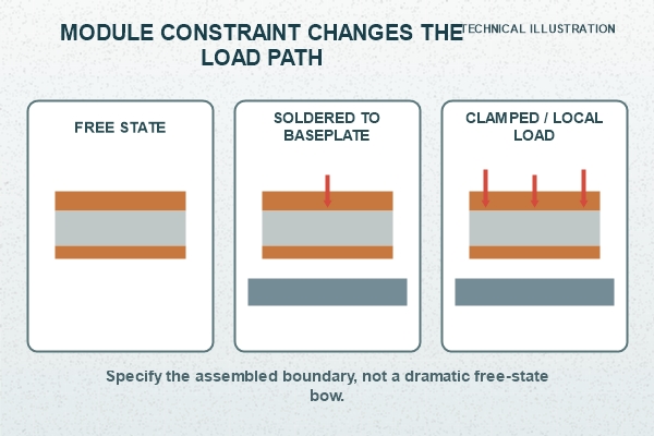 Technical illustration of module constraint and copper-thickness effects on Si3N4 AMB stress
