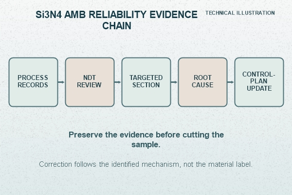 Technical illustration of the Si3N4 AMB reliability evidence chain from substrate to module