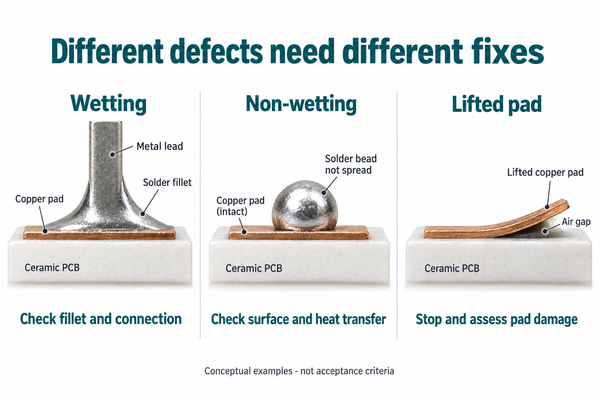 Conceptual comparison of solder wetting, non-wetting and a lifted ceramic PCB pad
