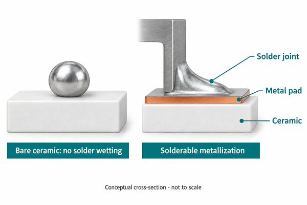 Conceptual cross-section comparing bare ceramic and a solderable metallized pad
