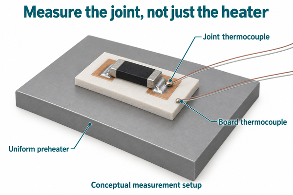 Conceptual thermocouple positions at a solder joint and on the ceramic board above a preheater