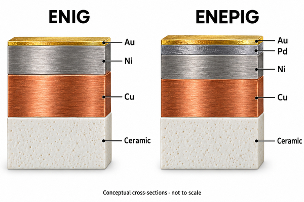 Conceptual ENIG and ENEPIG layer sequences above copper and ceramic, not to scale