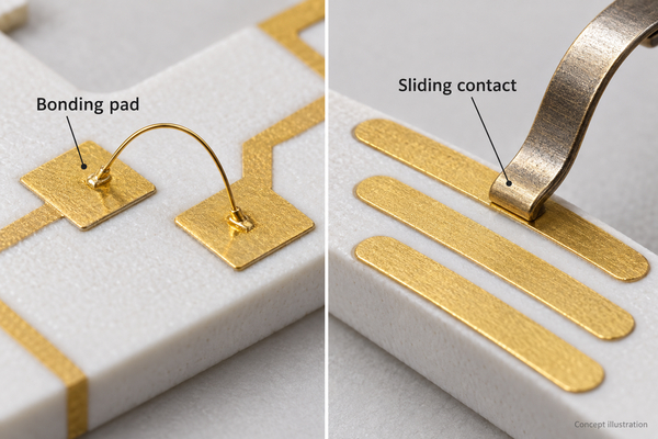 Concept illustration comparing a wire bonding pad with a sliding electrical contact
