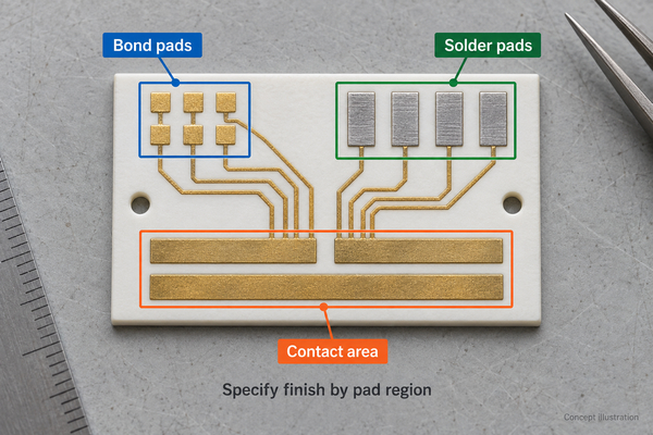 Conceptual ceramic PCB drawing separating bond pads, solder pads, and contact regions