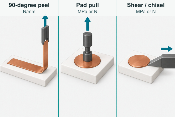 Peel, pull, and shear test geometries for ceramic copper adhesion strength
