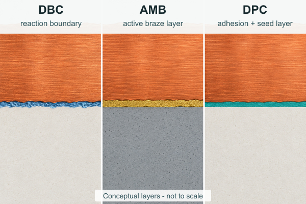 DBC, AMB, and DPC copper-to-ceramic interface concepts