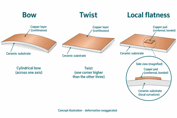 Conceptual comparison of bow, twist and local flatness on metallized ceramic substrates