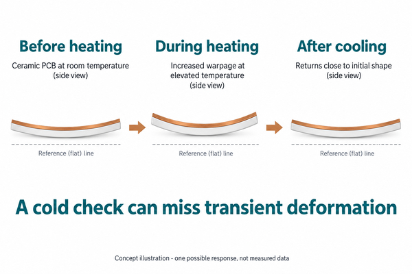 Conceptual cold, heated and cooled substrate profiles illustrating why a final cold check can miss transient deformation