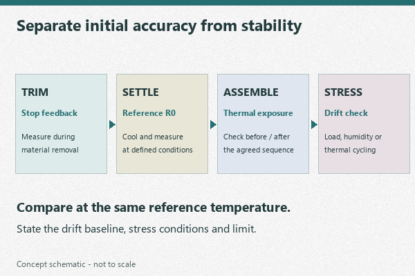 Conceptual verification sequence separating trim accuracy, cooled resistance, assembly exposure and stability testing