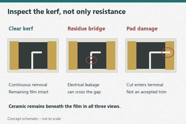 Conceptual resistor kerf inspection showing clear film removal, residue and termination damage