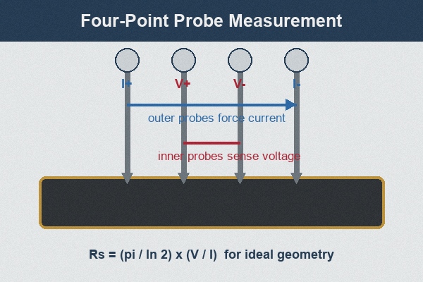 Four-point probe sheet resistance measurement using outer current probes and inner voltage probes