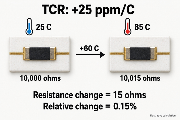 Illustrative calculation showing a 10 kohm resistor changing by 15 ohms over a 60 degree rise