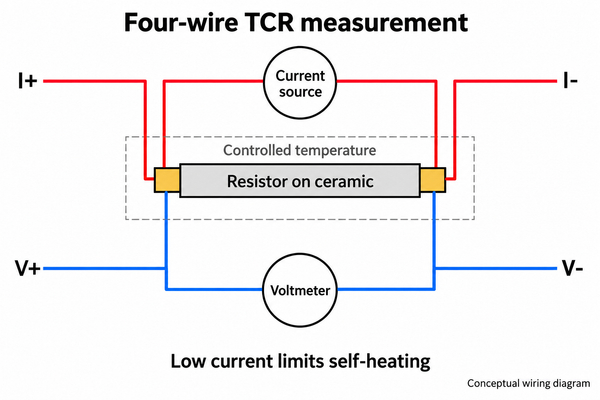 Illustrative four-wire resistance measurement of a ceramic resistor in a temperature-controlled fixture