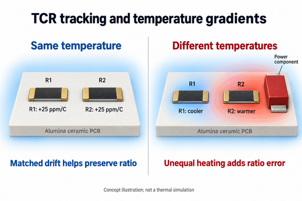 Concept diagram comparing common-temperature tracking and a thermal gradient across a resistor pair