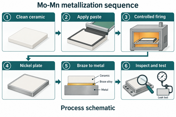 Mo-Mn process schematic showing ceramic preparation, paste, firing, nickel plating, joining and testing