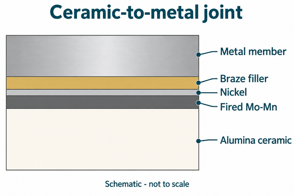 Schematic cross section of alumina, fired Mo-Mn, nickel, braze filler and metal member