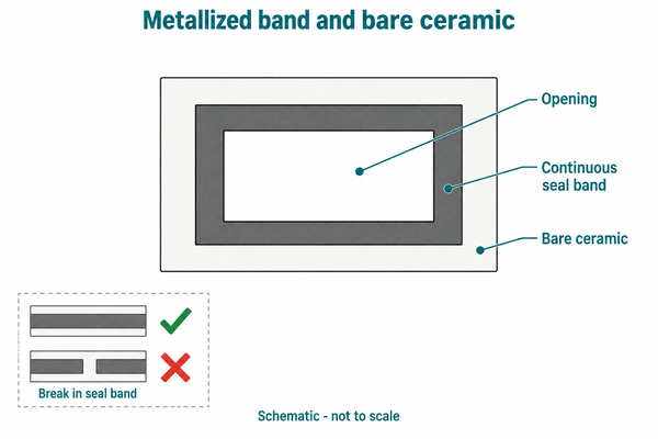 Schematic of a continuous metallized band, central opening and bare ceramic margin
