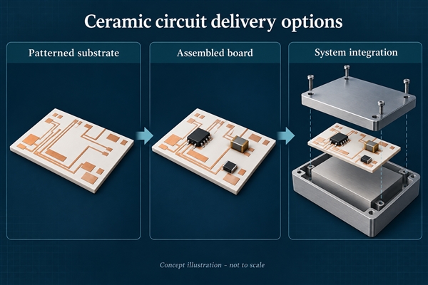 Patterned ceramic substrate, assembled board and system integration - conceptual illustration