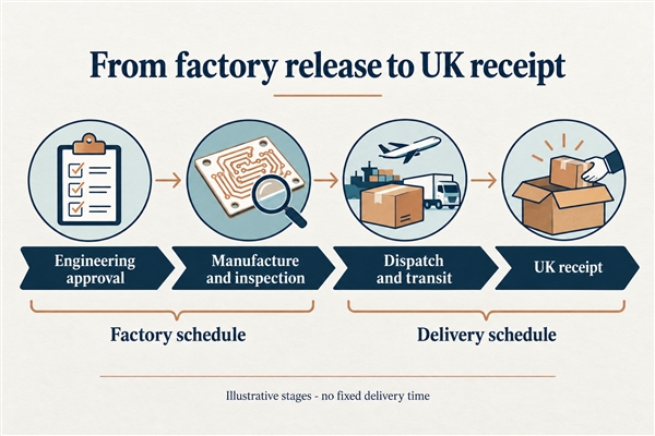 Manufacturing schedule and delivery stages to a UK receiving site
