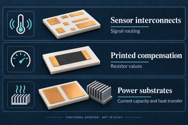 Sensor signal, printed compensation and power switching ceramic circuit roles - schematic