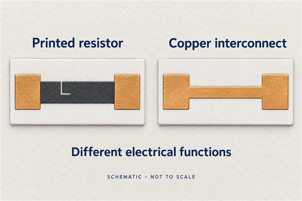 Printed resistor and copper interconnect have different electrical functions - schematic
