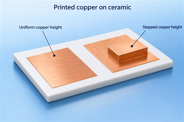 Printed copper with uniform and stepped heights on ceramic - conceptual schematic