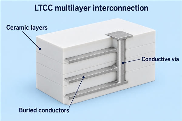 LTCC buried conductors connected by a vertical via - conceptual cutaway