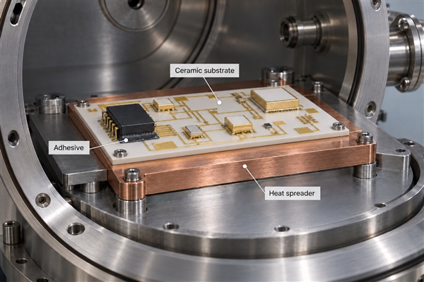 Conceptual ceramic assembly showing adhesive and heat spreader in a vacuum chamber
