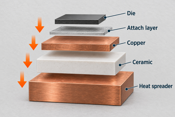 Exploded conceptual heat path through die attachment, copper, ceramic and heat spreader; not to scale