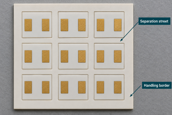Conceptual ceramic circuit panel with separation streets and handling border