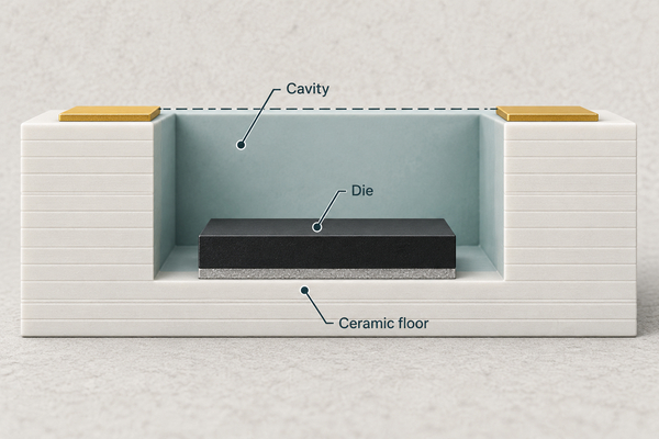 Conceptual LTCC cavity cross section with a die and ceramic floor; not to scale