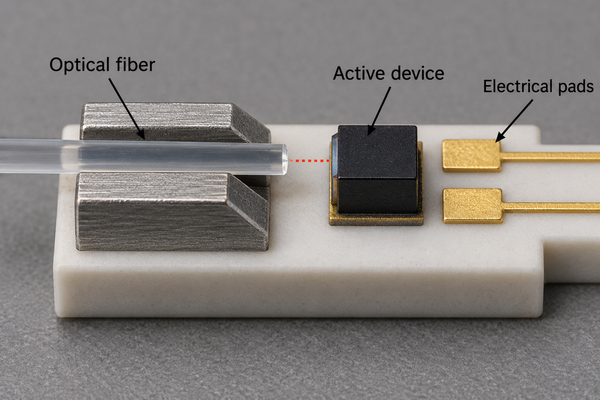 Conceptual optical fiber alignment with an active device and separate electrical pads