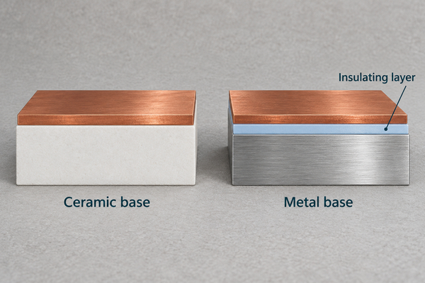 Conceptual ceramic-base and insulated metal-base circuit cross sections; not to scale